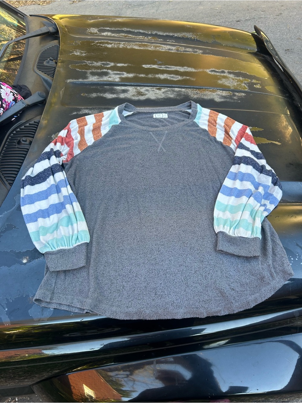 Gray Knit Top with Multicolor Stripe Balloon Sleeves